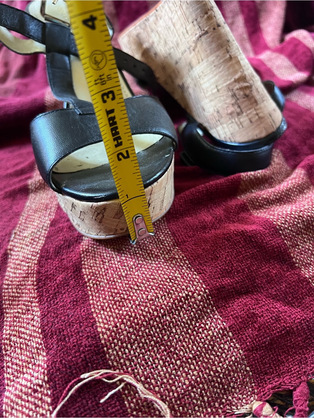 Saks Fifth Avenue Black T-Strap Cork Wedge Sandals - Picture 7 of 7